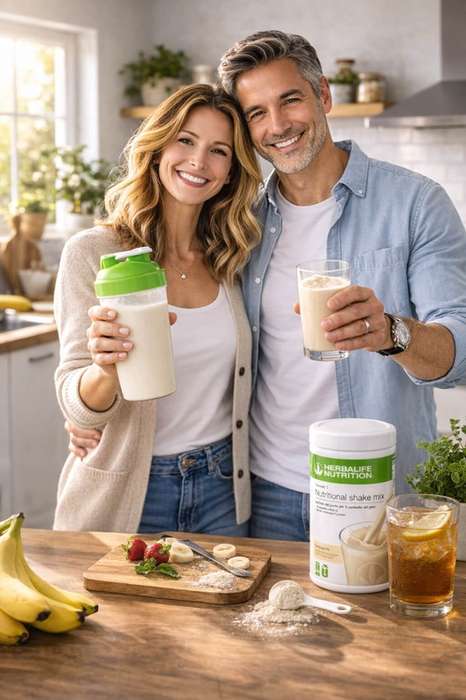 Coppia in cucina che utilizza i prodotti Herbalife in un contesto domestico